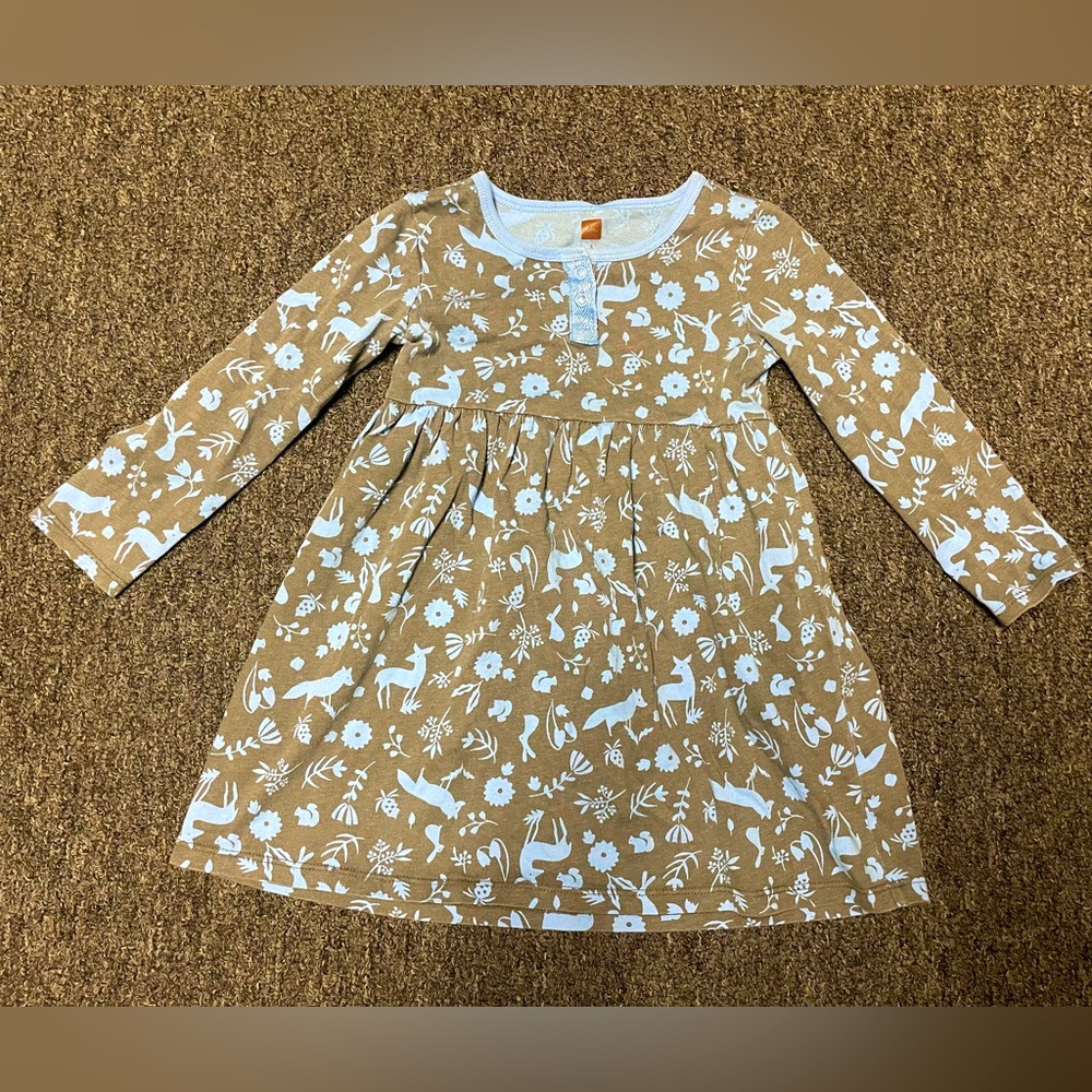 Tea Collection Gray & Blue Long Sleeve Woodland Creature Print Cotton Dress Sz 3
